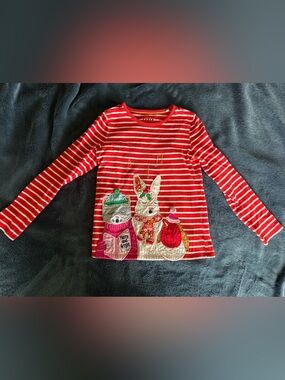 Mini boden long sleeve shirt red and white stripes Christmas carol pompoms